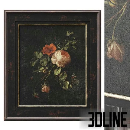 High-resolution 3D model of a classic oil painting of roses and flowers in a dark, distressed wooden frame