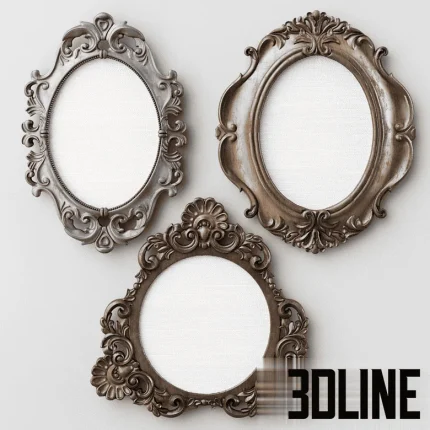 High-resolution 3D model set of three classic ornate picture frames (oval, round) with baroque carving and metal finish