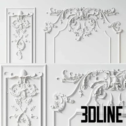 High-detail 3D model set of classic stucco molding panels with intricate baroque floral and scroll ornamentation for luxury interiors