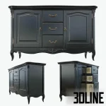 High-resolution 3D model of a classic black wooden sideboard (Credence KREIND) with ornate carving, bronze pulls, and tapered legs