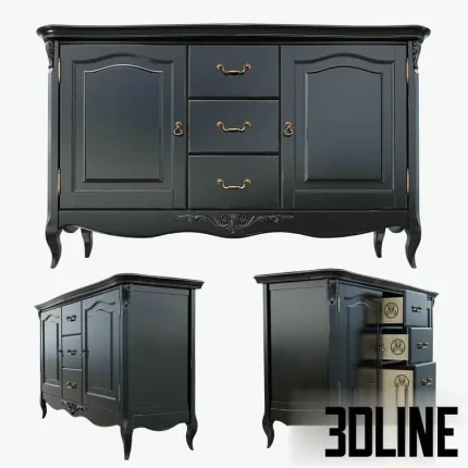 High-resolution 3D model of a classic black wooden sideboard (Credence KREIND) with ornate carving, bronze pulls, and tapered legs