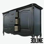 High-resolution 3D model of a classic black wooden sideboard (Credence KREIND) with ornate carving, bronze pulls, and tapered legs