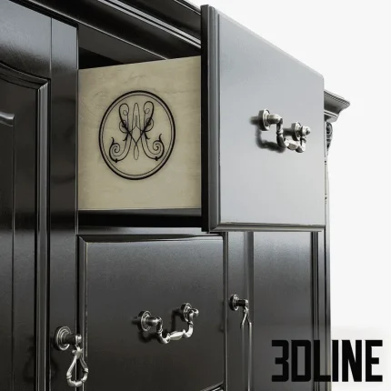 High-resolution 3D model of a classic black wooden sideboard (Credence KREIND) with ornate carving, bronze pulls, and tapered legs