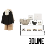 High-resolution 3D model set of clothes hangers, garments, shopping bags, and acrylic shoe display for retail store visualization