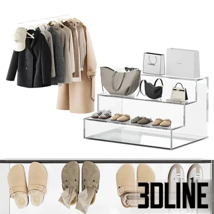 High-resolution 3D model set of clothes hangers, garments, shopping bags, and acrylic shoe display for retail store visualization