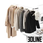 High-resolution 3D model set of clothes hangers, garments, shopping bags, and acrylic shoe display for retail store visualization