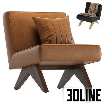 High-quality 3D model of Coco Republic Bentley outdoor lounge leather armchair with V-shaped wood base and ribbed cushion
