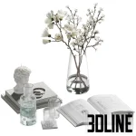 High-resolution 3D model set of coffee table decor with glass vase, magnolia flowers, wax bust sculpture, and drinking glasses