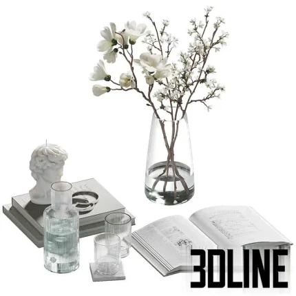 High-resolution 3D model set of coffee table decor with glass vase, magnolia flowers, wax bust sculpture, and drinking glasses
