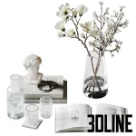 High-resolution 3D model set of coffee table decor with glass vase, magnolia flowers, wax bust sculpture, and drinking glasses