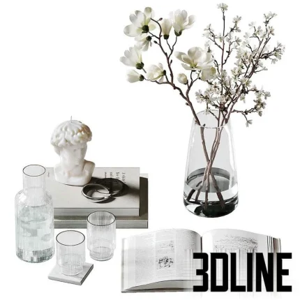 High-resolution 3D model set of coffee table decor with glass vase, magnolia flowers, wax bust sculpture, and drinking glasses