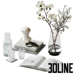 High-resolution 3D model set of coffee table decor with glass vase, magnolia flowers, wax bust sculpture, and drinking glasses