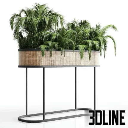 High-detail 3D model of large indoor planter on metal stand with woven texture and various palm tree plants