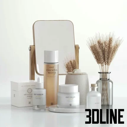 High-resolution 3D model set of cosmetic vanity decor including desktop mirror, skincare bottles, ceramic jar, and wheat stalk vase