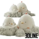 High-resolution 3D model set of cute plush chicken toys in a fuzzy nest for nursery and children's room visualization