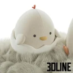 High-resolution 3D model set of cute plush chicken toys in a fuzzy nest for nursery and children's room visualization