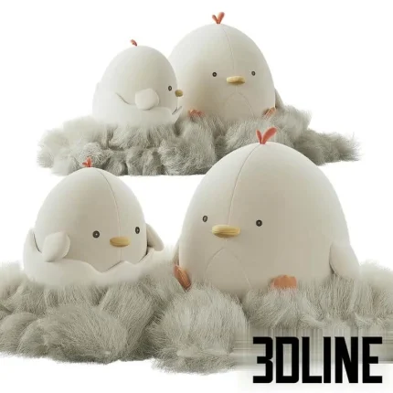 High-resolution 3D model set of cute plush chicken toys in a fuzzy nest for nursery and children's room visualization