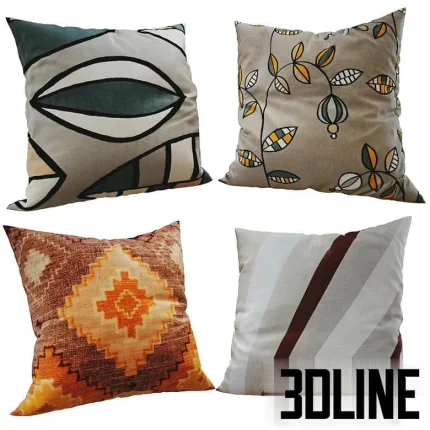High-resolution 3D model set of four decorative throw pillows with geometric, abstract, and striped patterns for sofa staging