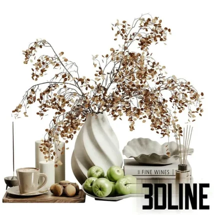 High-quality 3D model of an autumn decorative styling set including vase, apples, candles, and books