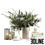 High-resolution 3D model of a decorative set with glass hurricane candles, vase with foliage, stack of books, and ceramic coffee cups