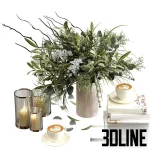 High-resolution 3D model of a decorative set with glass hurricane candles, vase with foliage, stack of books, and ceramic coffee cups