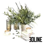 High-resolution 3D model of a decorative set with glass hurricane candles, vase with foliage, stack of books, and ceramic coffee cups