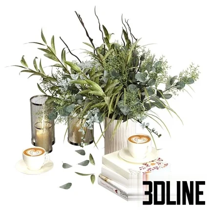 High-resolution 3D model of a decorative set with glass hurricane candles, vase with foliage, stack of books, and ceramic coffee cups