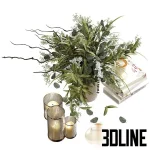 High-resolution 3D model of a decorative set with glass hurricane candles, vase with foliage, stack of books, and ceramic coffee cups