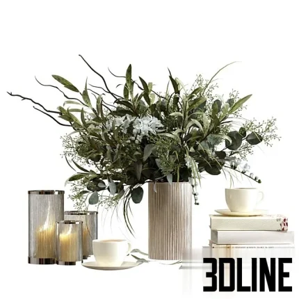 High-resolution 3D model of a decorative set with glass hurricane candles, vase with foliage, stack of books, and ceramic coffee cups