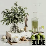 High-resolution 3D model set of decorative objects including white flowers in a vase, coffee cup, green apples, and aromatherapy diffuser