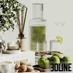 High-resolution 3D model set of decorative objects including white flowers in a vase, coffee cup, green apples, and aromatherapy diffuser