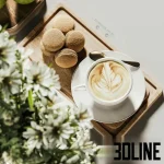 High-resolution 3D model set of decorative objects including white flowers in a vase, coffee cup, green apples, and aromatherapy diffuser