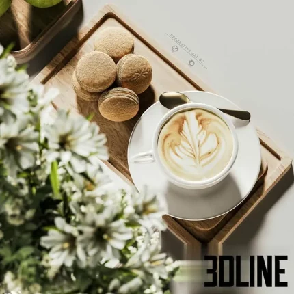 High-resolution 3D model set of decorative objects including white flowers in a vase, coffee cup, green apples, and aromatherapy diffuser