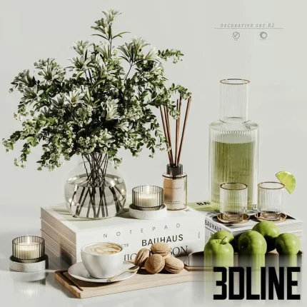 High-resolution 3D model set of decorative objects including white flowers in a vase, coffee cup, green apples, and aromatherapy diffuser