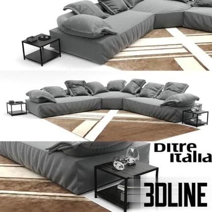 High-resolution 3D model of Ditre Italia Flick Flack corner sectional sofa with deep cushions and throw pillows in grey fabric