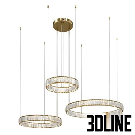 High-resolution 3D model set of Divinare RENATA crystal ring pendant lights with gold finish and multiple heights