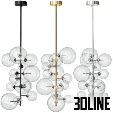High-resolution 3D model of Eichholtz Ezra multi-sphere chandelier with clear glass globes and metal frame in 3 color finishes