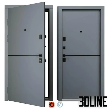 High-resolution 3D model of a modern Smart metal security front door (Redfort) with magnetic lock system and matte grey finish