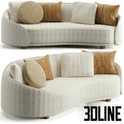 High-end 3D model of Fendi Casa Welcome curved sofa with patterned fabric upholstery and designer throw pillows