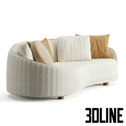 High-end 3D model of Fendi Casa Welcome curved sofa with patterned fabric upholstery and designer throw pillows