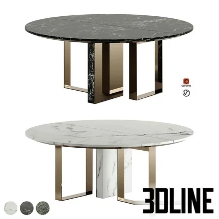 High-resolution 3D model of Fendi Casa Prisme Lite oval dining table with white marble top and asymmetrical brass/metal legs