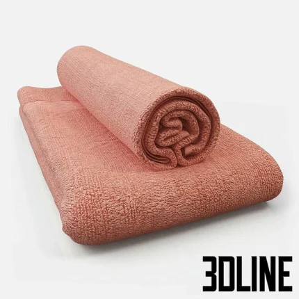 High-detail 3D model set of folded and rolled bathroom towels in soft coral color for luxury spa visualization