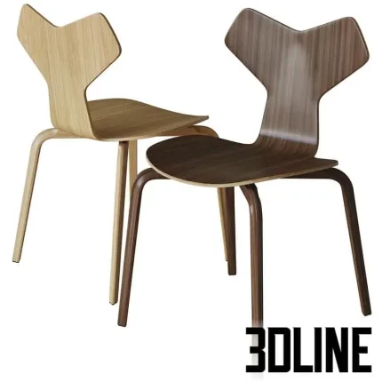 High-quality 3D model set of Fritz Hansen Grand Prix chairs in light and dark plywood finishes for modern dining visualization