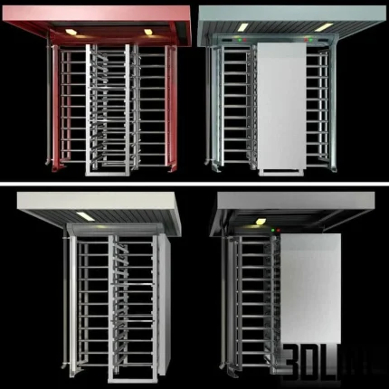 High-resolution 3D model set of full-height security turnstiles with metal cage and access readers for commercial building entry