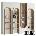High-resolution 3D model of a geometric arched bookshelf and wall paneling unit with integrated LED lighting and mixed wood/painted finishes