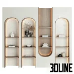 High-resolution 3D model of a geometric arched bookshelf and wall paneling unit with integrated LED lighting and mixed wood/painted finishes