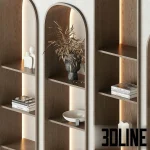 High-resolution 3D model of a geometric arched bookshelf and wall paneling unit with integrated LED lighting and mixed wood/painted finishes