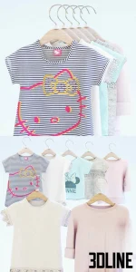 High-resolution 3D model set of five hanging children's t-shirts and jackets with hanger and stacked folded clothes