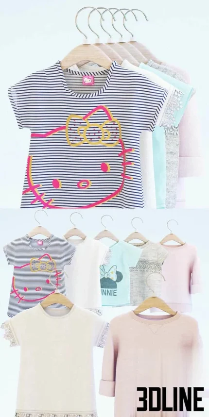 High-resolution 3D model set of five hanging children's t-shirts and jackets with hanger and stacked folded clothes