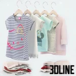 High-resolution 3D model set of five hanging children's t-shirts and jackets with hanger and stacked folded clothes